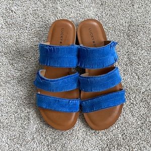 Lucky Brand blue leather fringe sandals, size 6